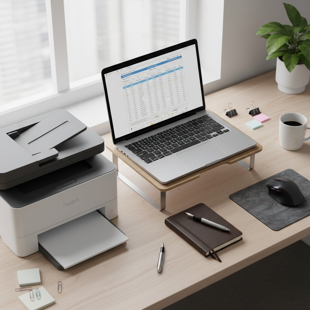 Home A laptop on a wooden stand, a printer, a coffee mug, and office supplies are arranged on a desk near a window.