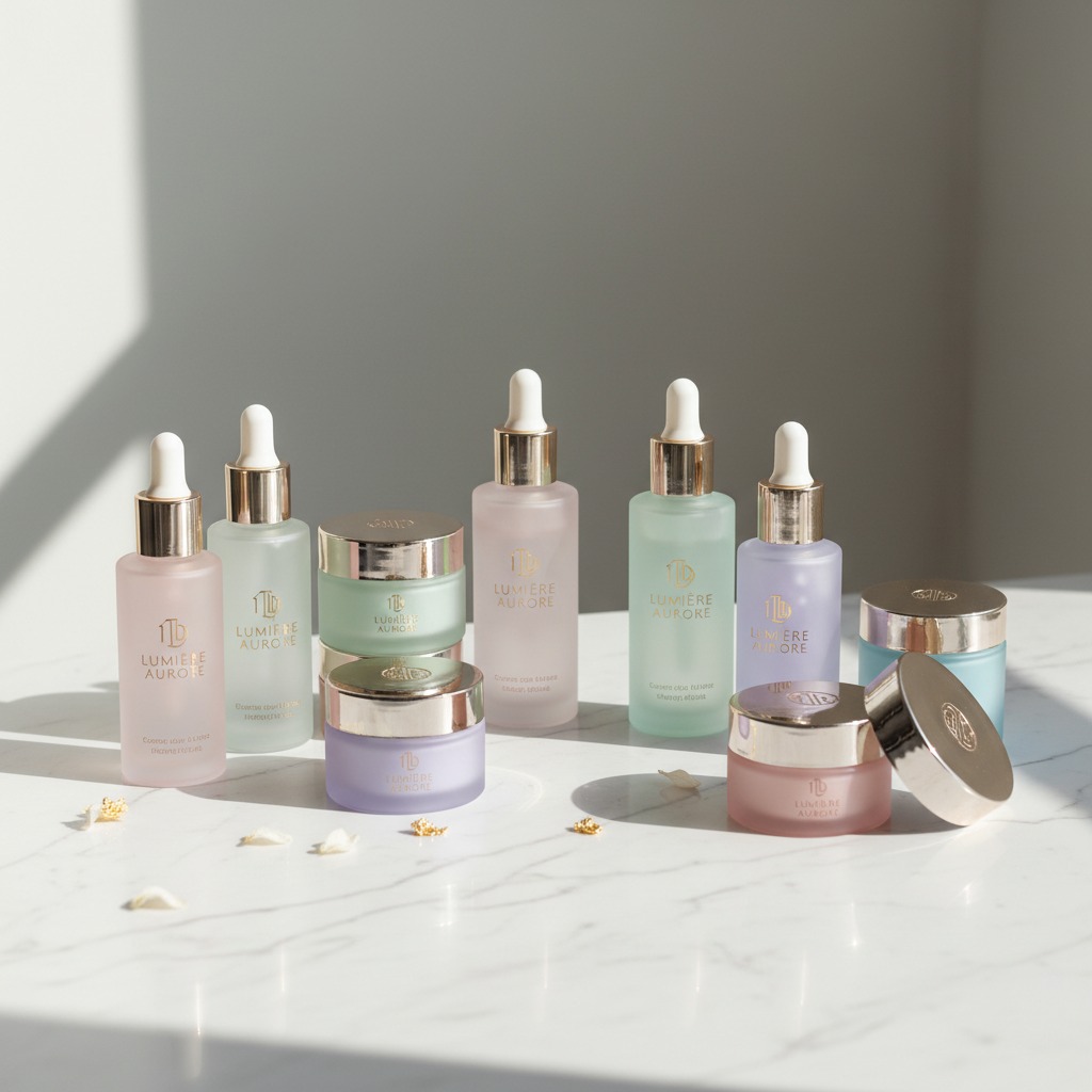 services-04 A collection of Lumière Aurore skincare bottles and jars in pastel colors with gold caps arranged on a white marble surface.