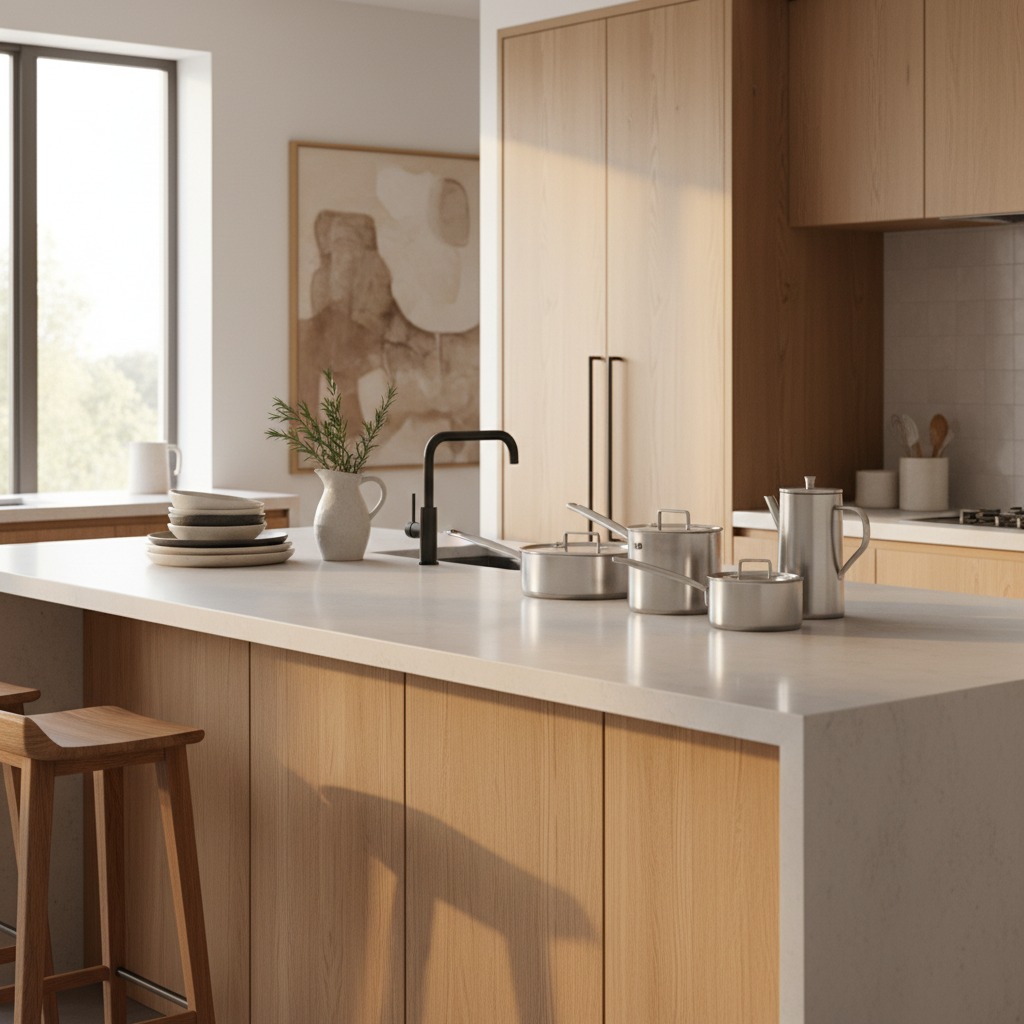 services-02 A modern kitchen island with light wood cabinetry, a white countertop, and stainless steel cookware sits in a sunlit room.